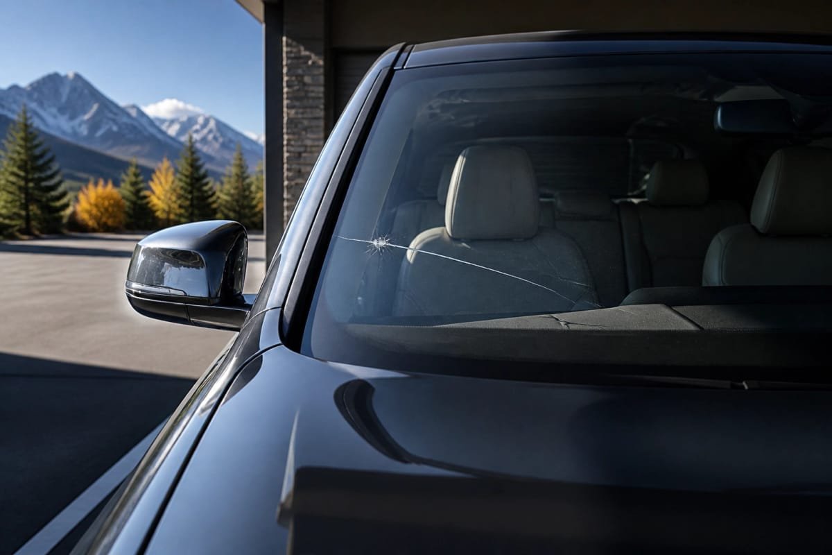 Vehicle in high-contrast sun and shade illustrating temperature stress on glass