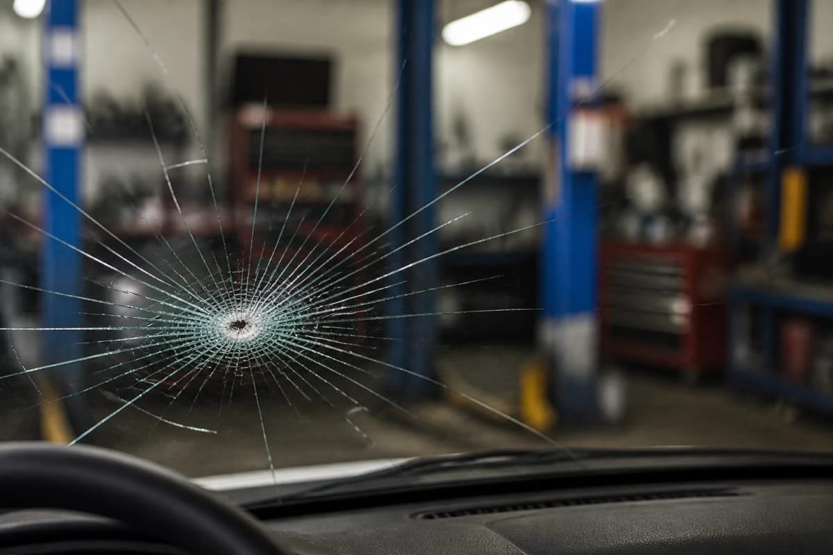 A large spiderweb crack spreading across a windshield, showing the consequence of delay