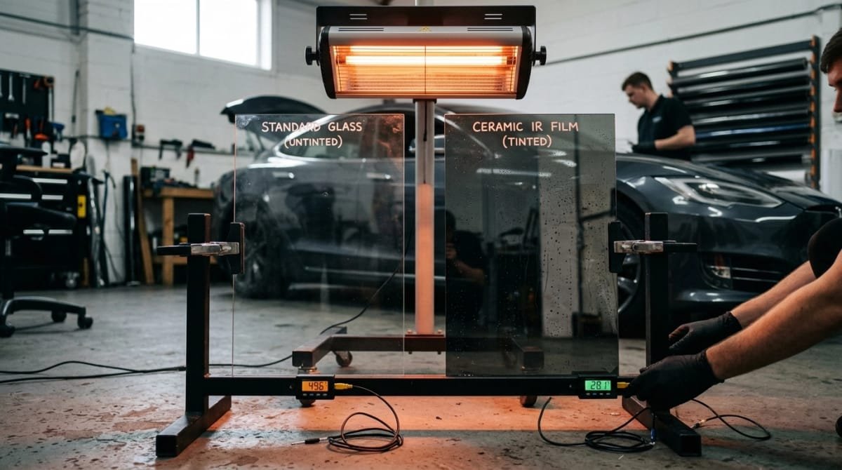 Close-up automotive window tint heat demonstration with film comparison in a professional shop