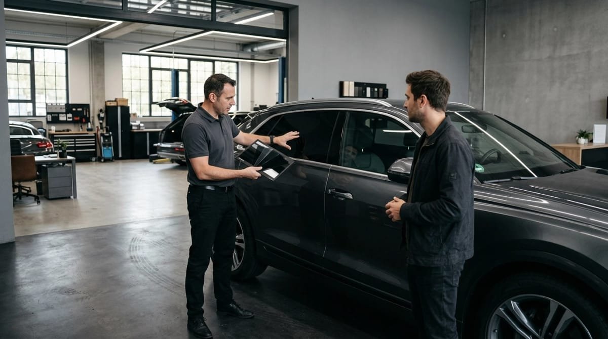 Customer consultation at a professional automotive tint shop beside a premium vehicle