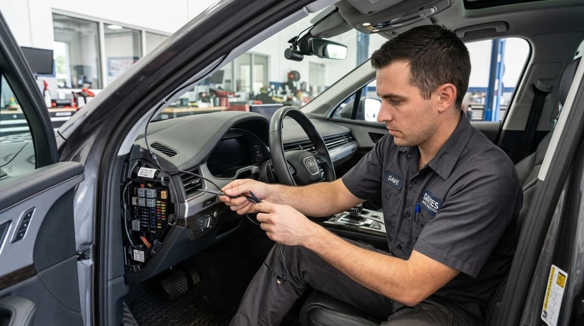 Professional technician hardwiring a dash cam near the fuse box with hidden wire routing