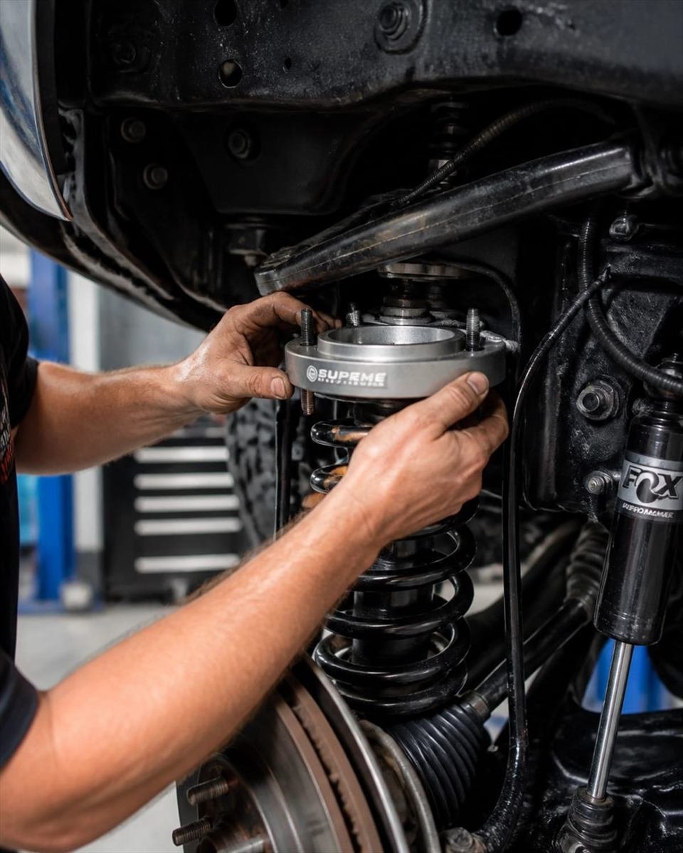 Professional technician installing a suspension leveling kit