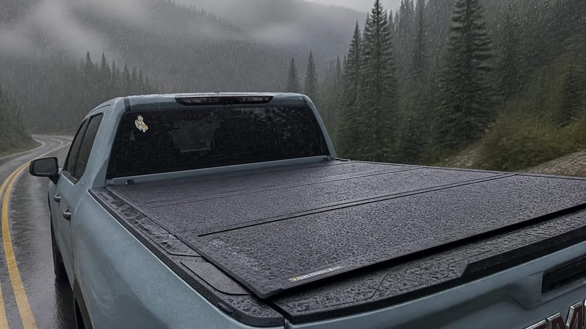 A truck with a bed cover navigating a mountain rainstorm