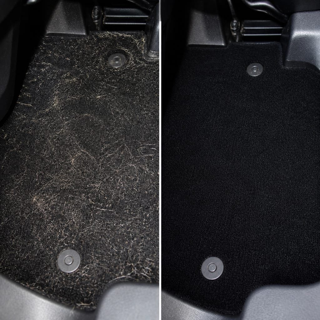 Comparison showing pet hair on a carpet versus a professionally cleaned surface